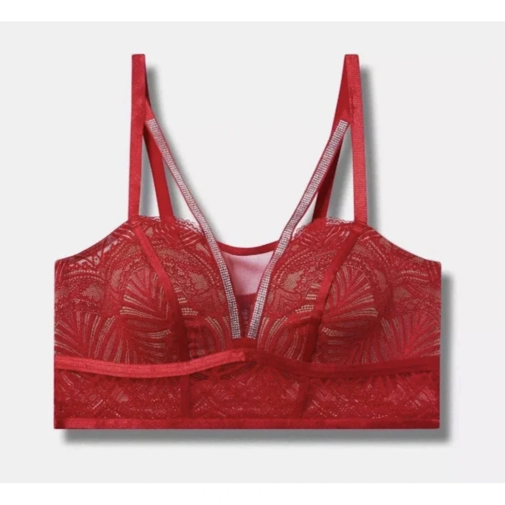 Torrid Diamante Lace Bra Bralette Sz 4 Red Rhinestones Straps